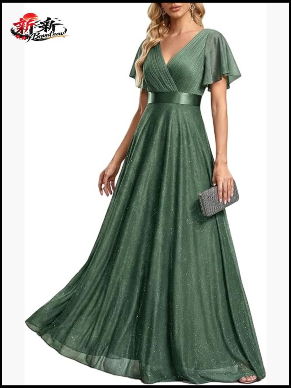 Glitter Formal Evening Gown V Neck Short Sleeves Floor Length